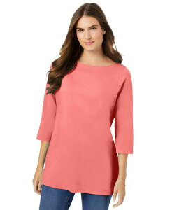 �E�[�}�� �E�B�Y�C�� ���f�B�[�X �g�b�v�X �V���c �v���X�T�C�Y T�V���c Woman Within Plus Size Within Perfect Three-Quarter Sleeve Boatneck Tee Sweet coral �R�[����
