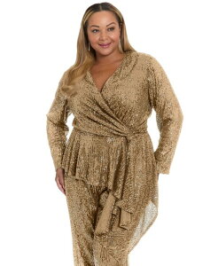 �~���[�Y ���f�B�[�X �g�b�v�X �����s�[�X �v���X�T�C�Y �X�p���R�[�� Muse Plus Size Sequin Long Sleeve Twist Wrap Top Caramel