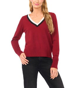 �Z�Z ���f�B�[�X �A�E�^�[ �j�b�g�E�Z�[�^�[ V�l�b�N �Z�[�^�[ �R���g���X�g CeCe Women's Contrast Collar V-Neck Sweater Mulberry Red ���b�h