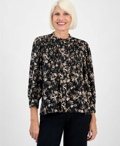 【送料無料】 スタイルアンドコー レディース シャツ トップス Petite Floral Pleated-Bib Blouse Essex Deep Blck