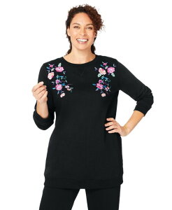 �E�[�}�� �E�B�Y�C�� ���f�B�[�X �A�E�^�[ �p�[�J�[�E�X�E�F�b�g �v���X�T�C�Y �X�E�F�b�g �V���c �t���[�X Woman Within Plus Size Fleece Sweatshirt Black floral vine embroidery �u���b�N