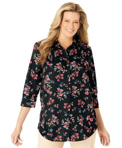 �E�[�}�� �E�B�Y�C�� ���f�B�[�X �g�b�v�X �V���c �v���X�T�C�Y Woman Within Plus Size No Iron Three-Quarter Sleeve Peachskin Shirt Black floral �u���b�N