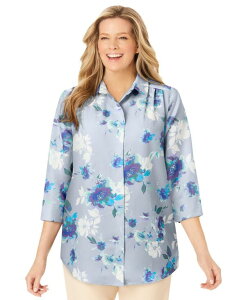 �E�[�}�� �E�B�Y�C�� ���f�B�[�X �g�b�v�X �V���c �v���X�T�C�Y Woman Within Plus Size No Iron Three-Quarter Sleeve Peachskin Shirt Pearl grey romantic floral �p�[��