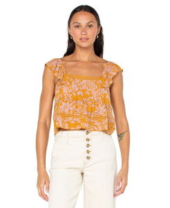 ���L�V�[ ���f�B�[�X �g�b�v�X �V���c �N���b�v�h Roxy Juniors' Coastal Rays Seamed Flutter-Sleeve Cropped Top Buckthorn Brown Frangipani Floral �u���E��