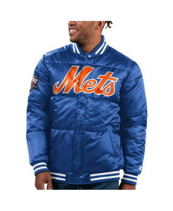 X^[^[ Y AE^[ WPbgEu] Te WPbg Starter Men's Royal New York Mets Bronx Satin Full-Snap Bomber Jacket Royal
