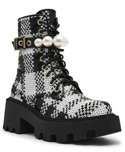 �x�b�c�B�W�����\�� ���f�B�[�X �V���[�Y �u�[�c�E���C���u�[�c Betsey Johnson Women's Jonnie Embellished Combat Booties Black/White Sequin Plaid �z���C�g