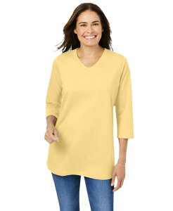�E�[�}�� �E�B�Y�C�� ���f�B�[�X �g�b�v�X �V���c V�l�b�N T�V���c Woman Within Women's Within Perfect Three-Quarter Sleeve V-Neck Tee Banana