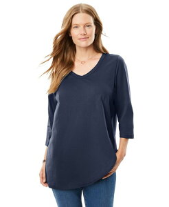 �E�[�}�� �E�B�Y�C�� ���f�B�[�X �g�b�v�X �V���c V�l�b�N T�V���c Woman Within Women's Within Perfect Three-Quarter Sleeve V-Neck Tee Navy �l�C�r�[