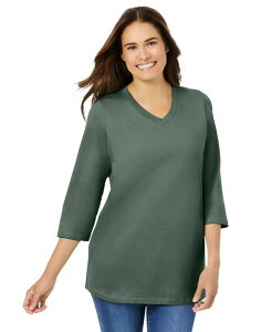 �E�[�}�� �E�B�Y�C�� ���f�B�[�X �g�b�v�X �V���c V�l�b�N T�V���c Woman Within Women's Within Perfect Three-Quarter Sleeve V-Neck Tee Pine