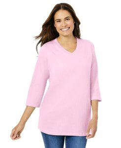 �E�[�}�� �E�B�Y�C�� ���f�B�[�X �g�b�v�X �V���c V�l�b�N T�V���c Woman Within Women's Within Perfect Three-Quarter Sleeve V-Neck Tee Pink �s���N