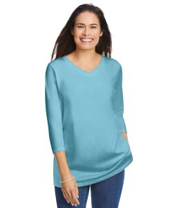 �E�[�}�� �E�B�Y�C�� ���f�B�[�X �g�b�v�X �V���c V�l�b�N T�V���c Woman Within Women's Within Perfect Three-Quarter Sleeve V-Neck Tee Seamist blue �u���[