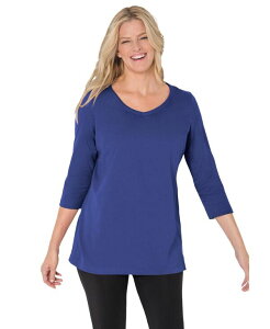 �E�[�}�� �E�B�Y�C�� ���f�B�[�X �g�b�v�X �V���c V�l�b�N T�V���c Woman Within Women's Within Perfect Three-Quarter Sleeve V-Neck Tee Ultra blue �u���[