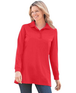 �E�[�}�� �E�B�Y�C�� ���f�B�[�X �g�b�v�X �V���c �|���V���c �v���X�T�C�Y ���� Woman Within Plus Size Long-Sleeve Polo Shirt Vivid red ���b�h