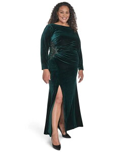 �G���U�W�F�C ���f�B�[�X �g�b�v�X �����s�[�X �v���X�T�C�Y �M���U�[ Eliza J Plus Size Side Ruched Jewel Neck Long Gown Hunter