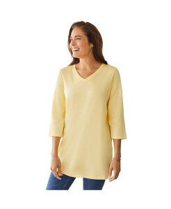 �E�[�}�� �E�B�Y�C�� ���f�B�[�X �g�b�v�X �V���c V�l�b�N �v���X�T�C�Y Woman Within Plus Size Within Perfect Three-Quarter Sleeve V-Neck Tunic Banana