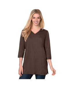 �E�[�}�� �E�B�Y�C�� ���f�B�[�X �g�b�v�X �V���c V�l�b�N �v���X�T�C�Y Woman Within Plus Size Within Perfect Three-Quarter Sleeve V-Neck Tunic Chocolate �`���R���[�g