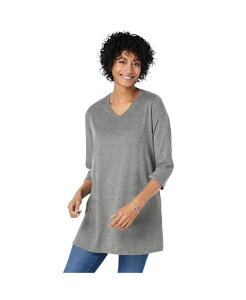 �E�[�}�� �E�B�Y�C�� ���f�B�[�X �g�b�v�X �V���c V�l�b�N �v���X�T�C�Y Woman Within Plus Size Within Perfect Three-Quarter Sleeve V-Neck Tunic Classic medium heather grey �O���[