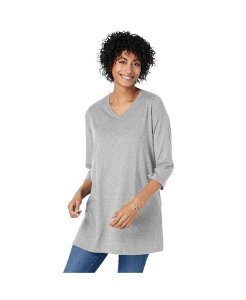 �E�[�}�� �E�B�Y�C�� ���f�B�[�X �g�b�v�X �V���c V�l�b�N �v���X�T�C�Y Woman Within Plus Size Within Perfect Three-Quarter Sleeve V-Neck Tunic Heather grey �O���[