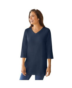 �E�[�}�� �E�B�Y�C�� ���f�B�[�X �g�b�v�X �V���c V�l�b�N �v���X�T�C�Y Woman Within Plus Size Within Perfect Three-Quarter Sleeve V-Neck Tunic Navy �l�C�r�[