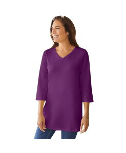�E�[�}�� �E�B�Y�C�� ���f�B�[�X �g�b�v�X �V���c V�l�b�N �v���X�T�C�Y Woman Within Plus Size Within Perfect Three-Quarter Sleeve V-Neck Tunic Plum purple �p�[�v��