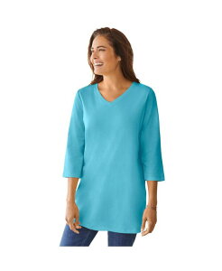 �E�[�}�� �E�B�Y�C�� ���f�B�[�X �g�b�v�X �V���c V�l�b�N �v���X�T�C�Y Woman Within Plus Size Within Perfect Three-Quarter Sleeve V-Neck Tunic Pretty turquoise �^�[�R�C�Y