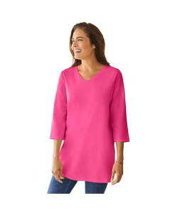 �E�[�}�� �E�B�Y�C�� ���f�B�[�X �g�b�v�X �V���c V�l�b�N �v���X�T�C�Y Woman Within Plus Size Within Perfect Three-Quarter Sleeve V-Neck Tunic Raspberry sorbet
