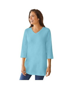 �E�[�}�� �E�B�Y�C�� ���f�B�[�X �g�b�v�X �V���c V�l�b�N �v���X�T�C�Y Woman Within Plus Size Within Perfect Three-Quarter Sleeve V-Neck Tunic Seamist blue �u���[