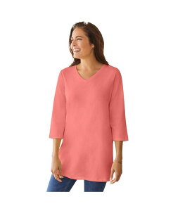 �E�[�}�� �E�B�Y�C�� ���f�B�[�X �g�b�v�X �V���c V�l�b�N �v���X�T�C�Y Woman Within Plus Size Within Perfect Three-Quarter Sleeve V-Neck Tunic Sweet coral �R�[����