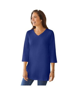 �E�[�}�� �E�B�Y�C�� ���f�B�[�X �g�b�v�X �V���c V�l�b�N �v���X�T�C�Y Woman Within Plus Size Within Perfect Three-Quarter Sleeve V-Neck Tunic Ultra blue �u���[