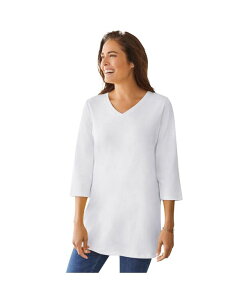 �E�[�}�� �E�B�Y�C�� ���f�B�[�X �g�b�v�X �V���c V�l�b�N �v���X�T�C�Y Woman Within Plus Size Within Perfect Three-Quarter Sleeve V-Neck Tunic White �z���C�g