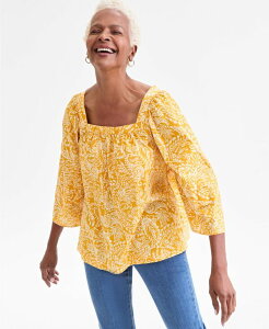 �X�^�C���A���h�R�[ ���f�B�[�X �g�b�v�X �V���c �u���E�X Style & Co Women's Square-Neck 3/4-Sleeve Shine Blouse Marigold