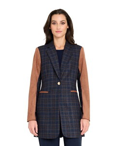 ^nG[GXG fB[X AE^[ WPbgEu] XG[h WPbg Tahari ASL Women's Mixed Media Plaid One-Button Jacket with Suede Sleeves Navy/tawny lCr[