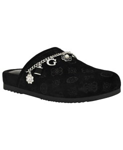 yz QX fB[X T_ V[Y Women's Gavyn Charms Logo Slip-On Clogs Black Suede Logo