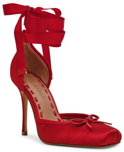 XeB[u }f fB[X V[Y pvX [X q[ Steve Madden Women's Larina Lace-Up High-Heel Ballet Pumps Red Satin bh