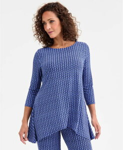�W�F�C�G���R���N�V���� ���f�B�[�X �g�b�v�X �V���c �v�����g �j�b�g JM Collection Women's Printed 3/4-Sleeve Knit Top Bright Sapphire Combo �T�t�@�C�A