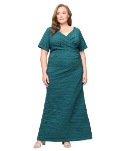 �A���b�N�X�C�u�j���O�X ���f�B�[�X �g�b�v�X �����s�[�X �v���X�T�C�Y Alex Evenings Plus Size Long Crinkle Stretch Taffeta Dress Emerald Green �O���[��