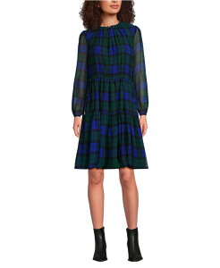 �����Y�G���h ���f�B�[�X �g�b�v�X �����s�[�X �V�t�H�� Lands' End Women's Chiffon Above the Knee Adjustable Dress Cobalt blackwatch plaid �R�o���g