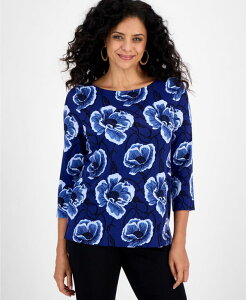 �W�F�C�G���R���N�V���� ���f�B�[�X �g�b�v�X �V���c �t�����[�� �v�����g �t�����[ JM Collection Women's Floral Print 3/4-Sleeve Boat-Neck Top Bright Sapphire Combo �T�t�@�C�A