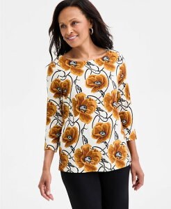 �W�F�C�G���R���N�V���� ���f�B�[�X �g�b�v�X �V���c �t�����[�� �v�����g �t�����[ JM Collection Women's Floral Print 3/4-Sleeve Boat-Neck Top Whisper White Combo �z���C�g