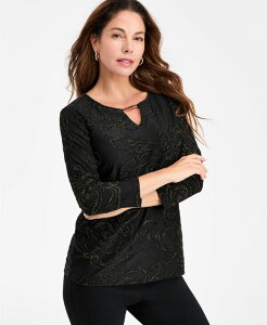 �W�F�C�G���R���N�V���� ���f�B�[�X �g�b�v�X �V���c �t�����[�� �t�����[ JM Collection Women's Floral Shine Keyhole Jacquard Top Deep Black Combo �u���b�N