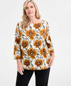 �W�F�C�G���R���N�V���� ���f�B�[�X �g�b�v�X �V���c �v���X�T�C�Y �v�����g JM Collection Plus Size Printed 3/4-Sleeve Top Whisper White Combo �z���C�g