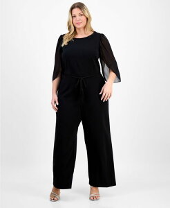 RlNebh fB[X gbvX s[X vXTCY xX[u WvX[c Connected Plus Size Bell-Sleeve Tassel-Belt Jumpsuit Black ubN