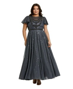 �}�b�N�_�K�� ���f�B�[�X �g�b�v�X �����s�[�X �V�A�[ Mac Duggal Women's Sheer Flutter Sleeve Beaded Fluffy Net Gown Charcoal �`���R�[��