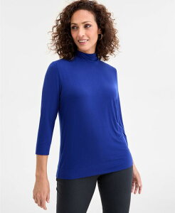 �W�F�C�G���R���N�V���� ���f�B�[�X �g�b�v�X �V���c JM Collection Women's Mock-Neck 3/4-Sleeve Top Bright Sapphire Combo �T�t�@�C�A