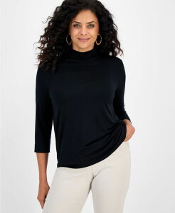 �W�F�C�G���R���N�V���� ���f�B�[�X �g�b�v�X �V���c JM Collection Women's Mock-Neck 3/4-Sleeve Top Deep Black Combo �u���b�N