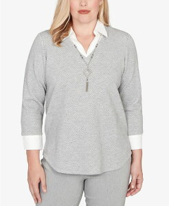 �A���t���b�h �_�i�[ ���f�B�[�X �g�b�v�X �V���c �v�` ���[�X Alfred Dunner Petite Stockbridge Diamond Jacquard Two In One Top with Necklace Pewter �s���[�^�[