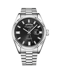 �X�g�D�[�����O ���f�B�[�X �A�N�Z�T���[ �r���v T�V���c Stuhrling Statesman 4070 Men s Watch Stainless Steel Bracelet Black Dial Day-Date Quartz 42mm Fluted Bezel No Color �u���b�N