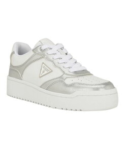 QX fB[X V[Y Xj[J[ vbgtH[ [X GUESS Women's Miram Platform Lace-Up Court Sneakers Silver Metallic/White zCg