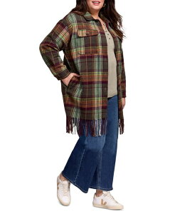 go fB[X AE^[ WPbgEu] vXTCY Vc tW WPbg TRIBAL Plus Size Brushed Plaid Fringe-Hem Button-Front Shirt Jacket Passion Plum v