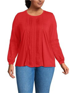 YGh fB[X gbvX Vc vXTCY [X W[W[ Lands' End Plus Size Lightweight Jersey Lace Mix Long Sleeve Pintuck Top Compass red bh